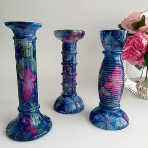 Hand Painted Art Glass Candlestick Vase Collection of 3